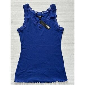 NWT Apt. 9 Y2K Lace Trim Babydoll Top Womens M Dark Blue Stretch Lettuce Hem‎